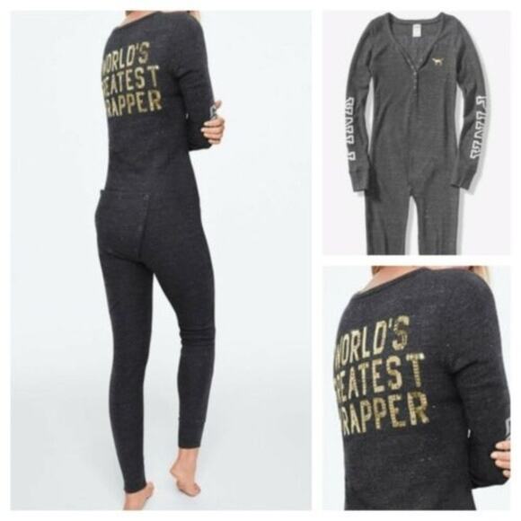 Pink Victorias Secret sequin Worlds Greatest Wrapper Ladies long john Pajamas M - Picture 1 of 9